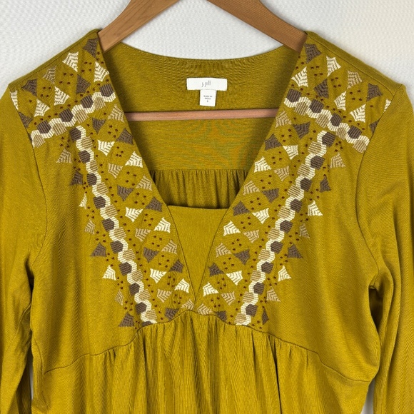 J Jill Women ¾ Sleeve Embroidered Cotton Tunic Blouse Sz S Mustard Boho Comfort - Picture 2 of 10